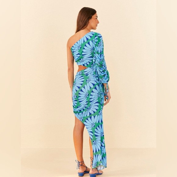 Farm Rio Copacabana Asymmetric Midi Cutout Dress Blue Green One Sleeve Small - Picture 2 of 11